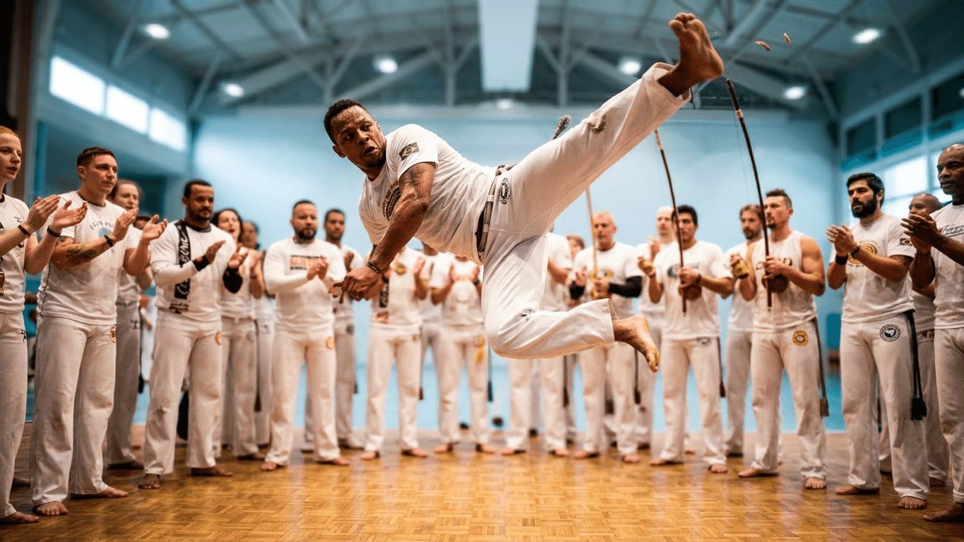 Capoeira-Kämpfer springt mit einem Salto über die Gruppe in der Turnhalle